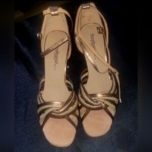 Stephanie Ballroom Bronze Leather/ Gold Glitter 2.5"  Size 8.5 Dance Shoes